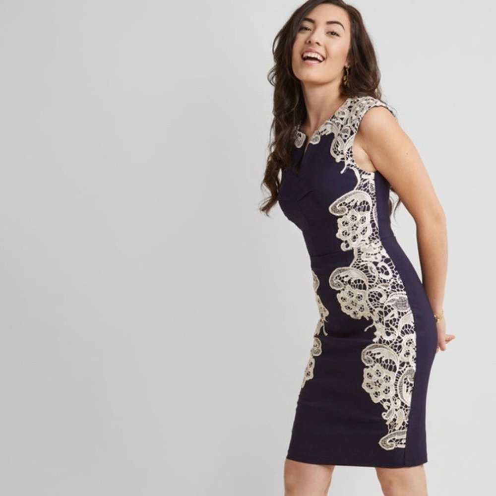 London Dress Company blue navy sheath dress with white lace